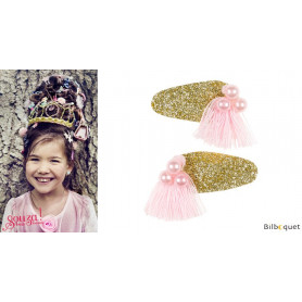 Pinces à cheveux Lyla - perles & pompons roses - 1 paire - Accessoire pour enfants