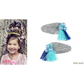 Pinces à cheveux Lyla - perles & pompons bleus - 1 paire - Accessoire pour enfants