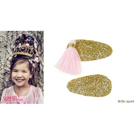 Pinces à cheveux Korene - or & pompons roses - 1 paire - Accessoire pour enfants
