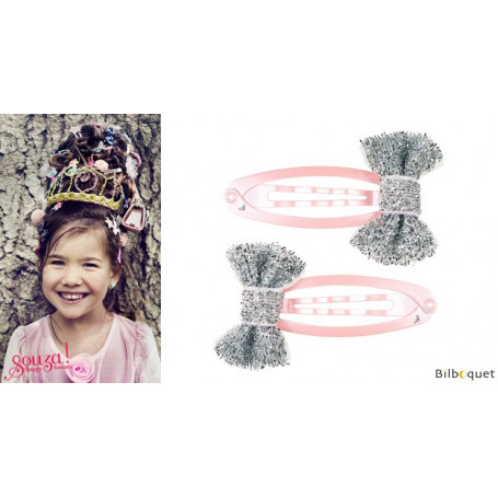 Pinces à cheveux Annelise - noeuds argentés & pinces roses - 1 paire - Accessoire pour enfants