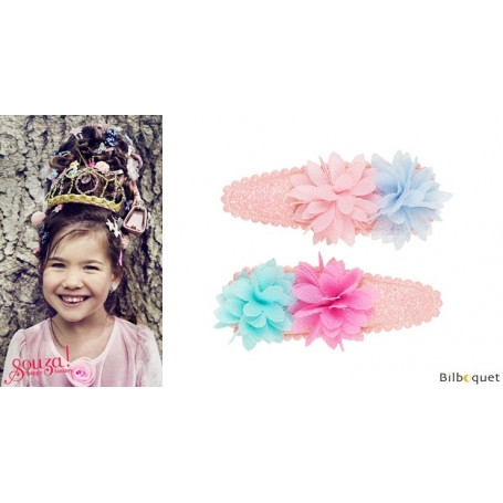 Pinces à cheveux Jenine - fleurs bleu et rose - 1 paire - Accessoire pour enfants