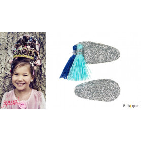 Pinces à cheveux Korene - argent & pompons bleus - 1 paire - Accessoire pour enfants