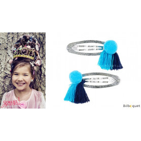 Pinces à cheveux Benthe - pompons bleus - 1 paire - Accessoire pour enfants
