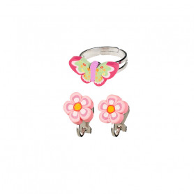 Darlene ring and Ear clips set, butterfly and flowers - Accessory for girls