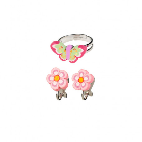 Darlene ring and Ear clips set, butterfly and flowers - Accessory for girls