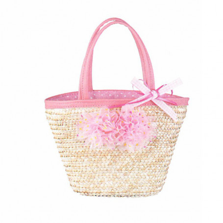 Natural straw bag with pink flowers - accessory for disguise