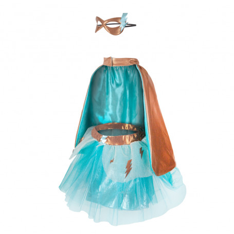 Set de super-héroine, tutu/cape/masque, turquoise/cuivre - 4/6 ans