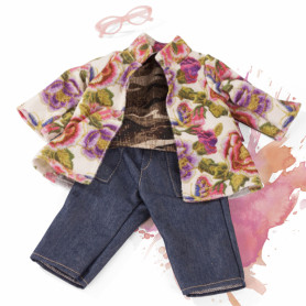 Jean pants, flower jacket, t-shirt, glasses for 45-50cm doll