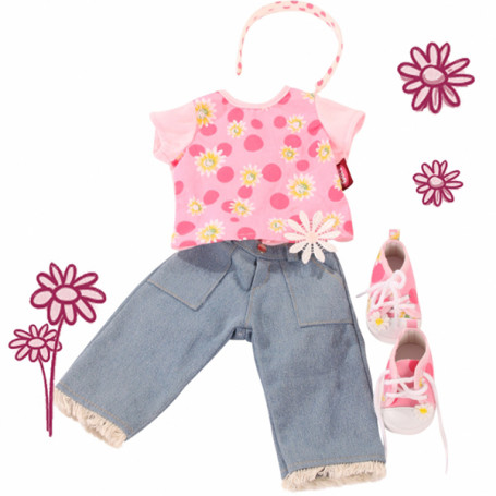 Ensemble Jean, t-Shirt, tennis, serre-tête rose pour poupée 45-50cm