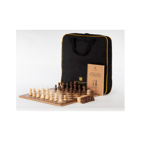 Premium Chess Set - Walnut/Maple board, n°3 weighted pieces, Scorebook and Bag