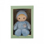 Soft blue fabric doll, 24 cm, made from recycled materials. Machine washable, ideal as a newborn gift or first cuddly companion.