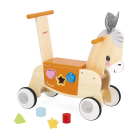 Porteur Âne en bois Janod – Jouet d’éveil avec boîte à formes