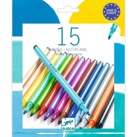 Djeco 15 Fine Tip Felt Pens – Ergonomic coloring pens made in Europe