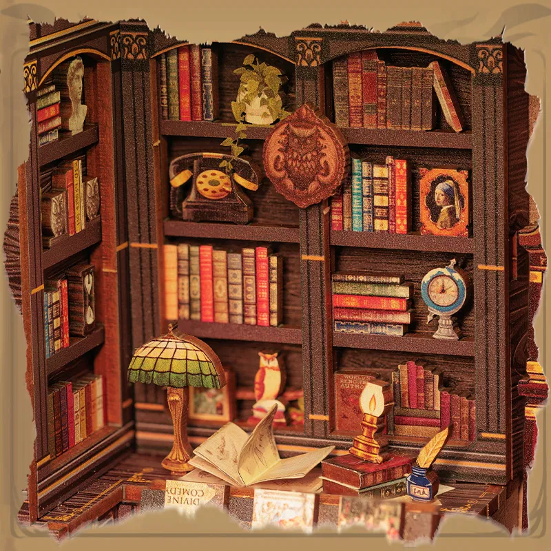 CUTEBEE – coin de livre Miniature en bois, maison de poupée avec lumières, étagère, insertion de Puzzle 3D, modèle de décoration pour cadeaux, étude du chat 26 CUTEBEE – coin de livre Miniature en bois, maison de poupée avec lumières, étagère, insertion de Puzzle 3D, modèle de décoration pour cadeaux, étude du chat 26