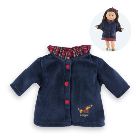 Festive coat for 36 cm Ma Corolle dolls: tartan ruffle collar, red embroidered buttons, glitter dachshund print. From age 3.
