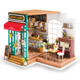 Rolife Simon's Coffee DIY Miniature House – Wooden Cafe Kit with LED