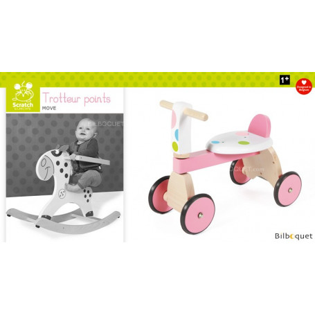 Trotteur rose à pois - Porteur en bois