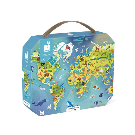 100-Piece World Map Cardboard Puzzle in Carrying Case - Janod