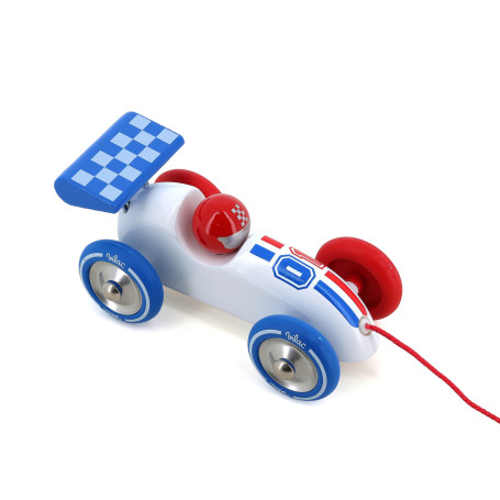 French Made White Wooden Pull Along Race Car Vilac