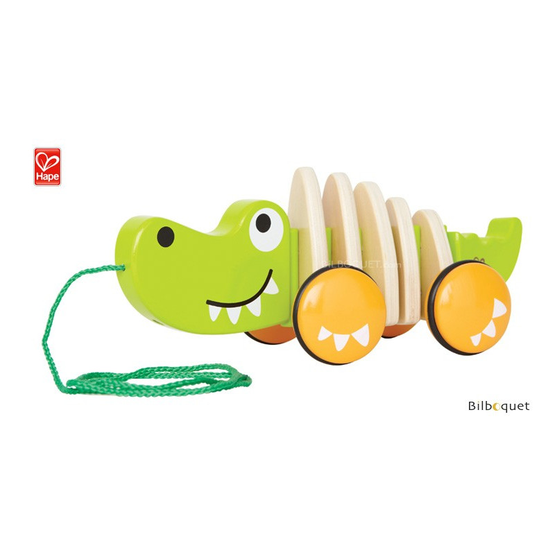 PlanToys Crocodile Dansant à Tirer - Jouet En Bois Dès 12 Mois - Bruit Clac-Clac - Vert