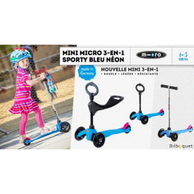 Mini Micro 3-en-1 - trottinette et porteur - Sporty Bleu Néon